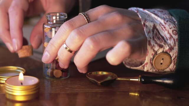 A girl seals a letter with a wax seal. A woman holds an old spoon and heats wax in a golden spoon over a candle, preparing to seal the letter. Wax seal. Sending mail.