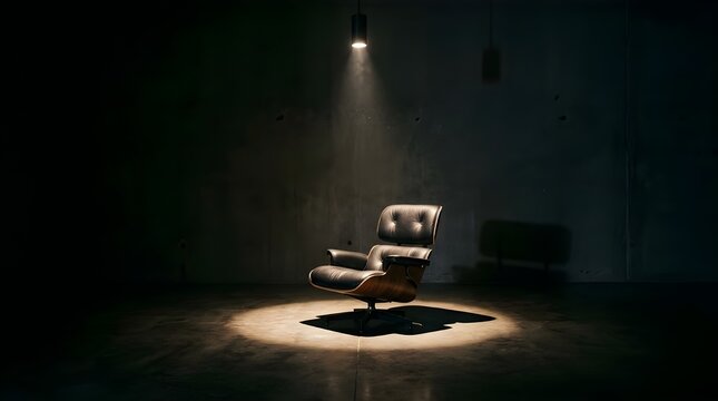Mid Century Modern Eames Style Lounge Chair Under Dramatic Spotlight in Dark Concrete Gallery Minimalist Designer Furniture Presentation and Luxury Interior Mockup 3D Rendering
