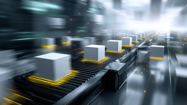 High-Speed Automated Conveyor Belt with Boxes and Yellow Light Trails