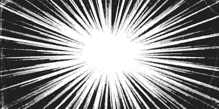 Black and white comic book style speed lines background with radial sunburst effect for action and motion graphics