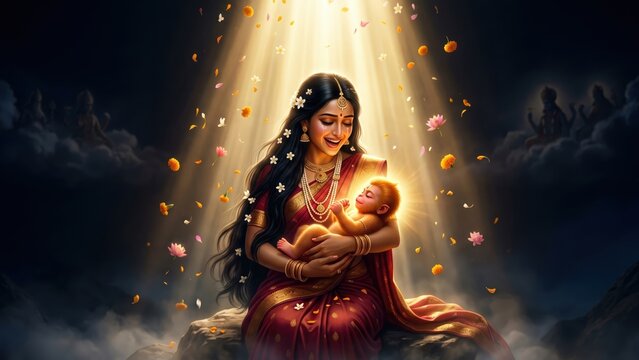Baby Hanuman Birth &ndash; Anjana Mata Divine Embrace