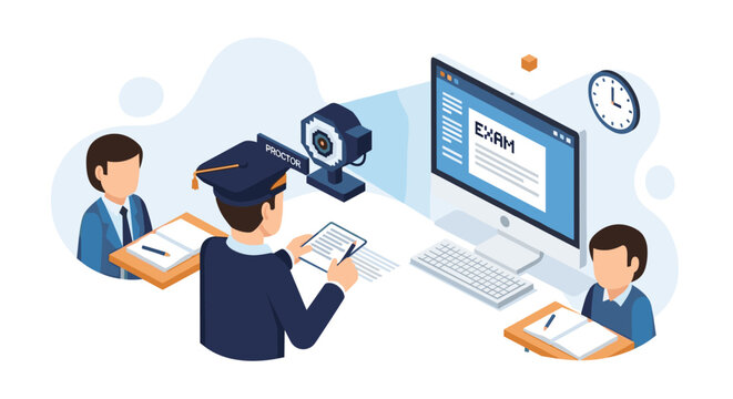 An academic proctor in a graduation cap oversees a remote student taking a test while a camera captures the workspace in a clean and bright corporate office environment.