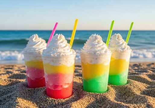 Four colorful layered frozen drinks with whipped cream toppings arranged on a sandy beach shore