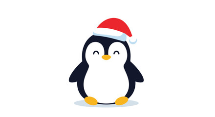 Fototapeta premium Cute cartoon penguin wearing red Santa hat with happy closed eyes and orange feet on white background for winter holidays.