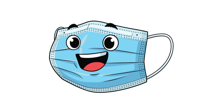 Cheerful cartoon medical face mask character with wide eyes and big smile on white background for hygiene awareness.