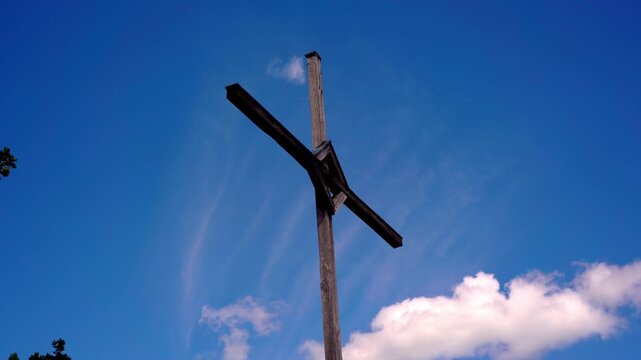 Wooden Wayside Cross Against Blue Sky near Geierlay, Hunsruck, Germany