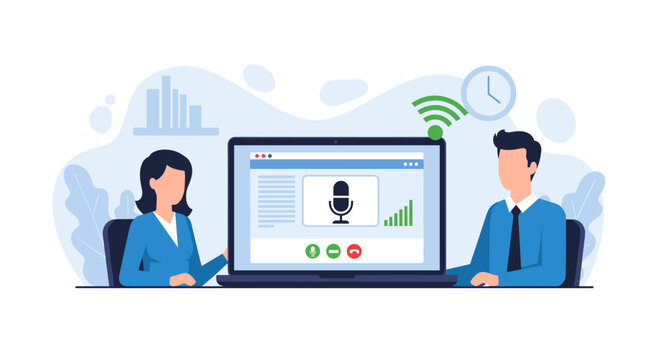 A business man and woman sit at a desk during a virtual video conference on a laptop with a microphone icon in a bright professional office environment.