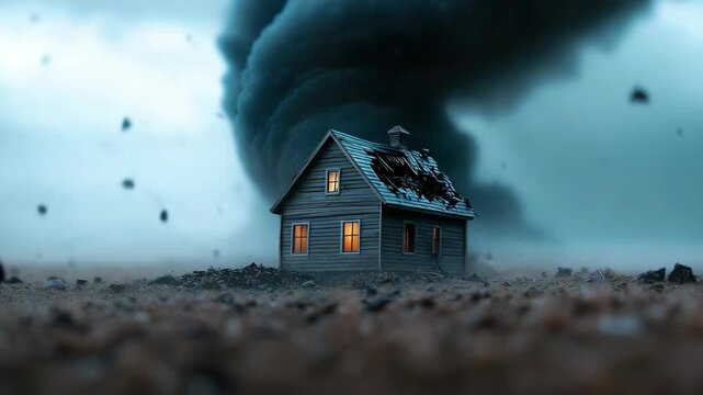 A house stands alone in a rural area as a tornado approaches. Winds pick up debris and rain falls. The sky is dark with storm clouds, and the house lights are on