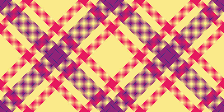 Brand vector pattern background, tweed fabric seamless check. Worldwide textile plaid texture tartan in light goldenrod and pink colors.