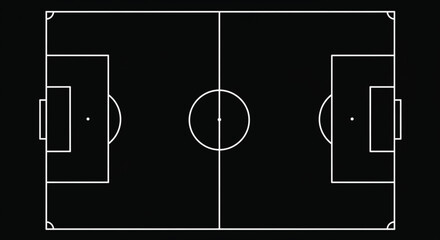 Obraz premium Soccer field top view vector showing football pitch layout with goals, center circle, and markings in black .