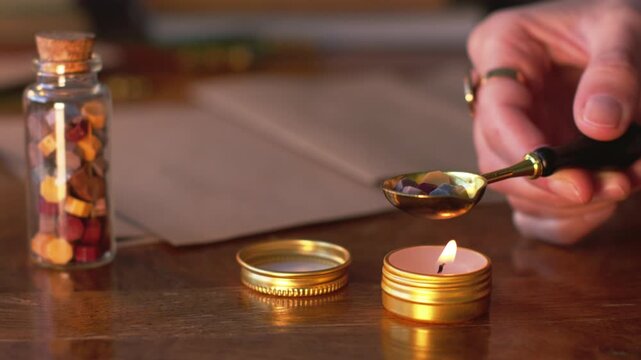 A girl seals a letter with a wax seal. A woman holds an old spoon and heats wax in a golden spoon over a candle, preparing to seal the letter. Wax seal. Sending mail.