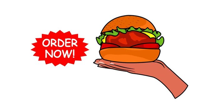 Animated footage of a Humberger sale advertisement, showing a hand holding a Humberger with a delicious title and an invitation to order now