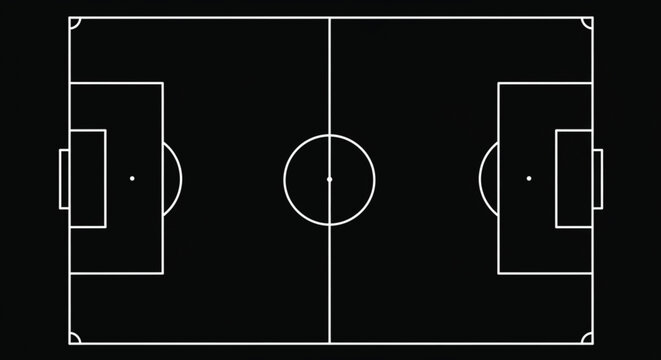 Soccer field top view vector showing football pitch layout with goals, center circle, and markings in black .