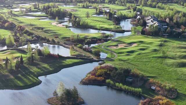 Aerial panoramic of a beautiful golf resort village