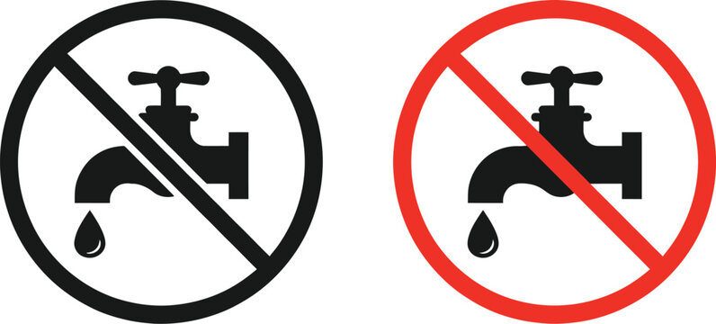 Icons of faucets, water drops and prohibition signs for water conservation liquid on transparent background. No water faucet signs vector illustration red and black circular prohibition icons vector. 