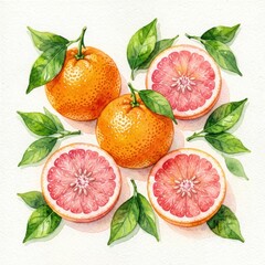 Fresh Grapefruits and Leaves in Watercolor Illustration