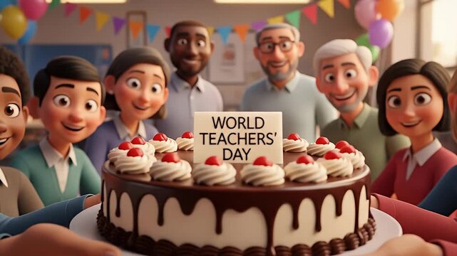 Animated cartoon celebration with cake saying "World Teachers' Day" and happy people behind