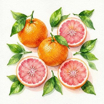 Fresh Grapefruits and Leaves in Watercolor Illustration