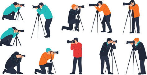 Professional photographers shooting with cameras and tripods collection vector illustration creative people capturing photos for media and photography design © Prodip