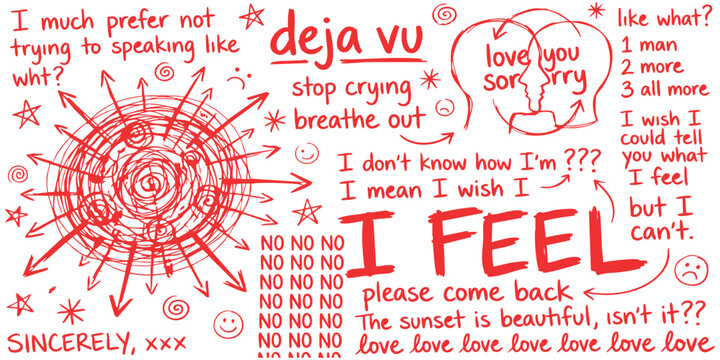 Handwritten notes and emotional doodles with red text and sketches expressing feelings and thoughts on a paper sheet