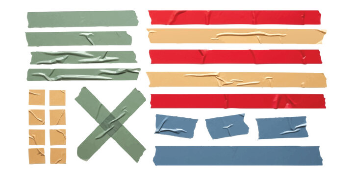 Set of colorful adhesive tape strips and pieces in various shapes and sizes for scrapbooking and office work