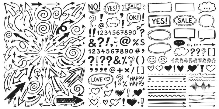 Set of hand drawn arrows speech bubbles and doodle elements for design
