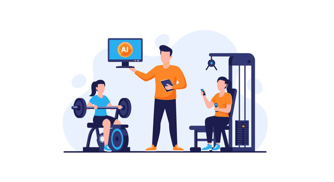 A fitness instructor holds a computer screen with an AI logo while guiding two individuals through strength training exercises in a modern gym facility with soft lighting.