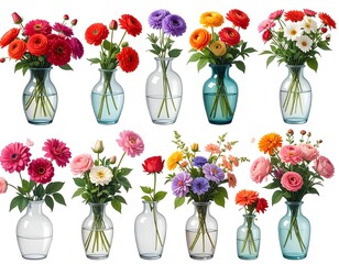 Obraz premium A collection of various colorful floral bouquets in elegant glass vases, displayed against a stark white background