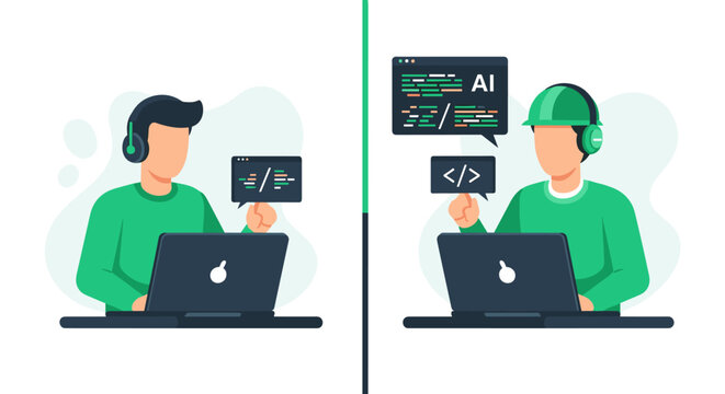 A dual display graphic showing a software programmer and an artificial intelligence engineer wearing a hard hat working on laptops with code snippets in a bright workspace.