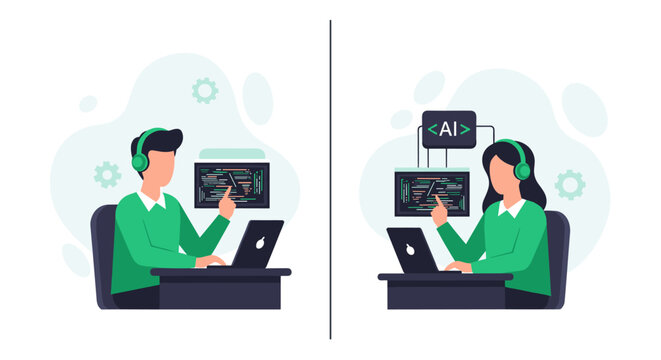 A split screen composition featuring a male programmer and a female coder both using headsets to interact with software windows in a collaborative virtual work environment.