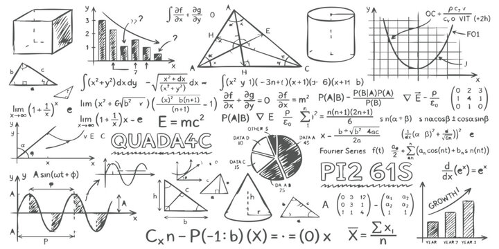 Hand drawn mathematical formulas and geometric shapes on a chalkboard