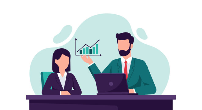A business professional explains a growing financial bar chart to a colleague in a bright office space with a modern aesthetic featuring teal and blue tones.