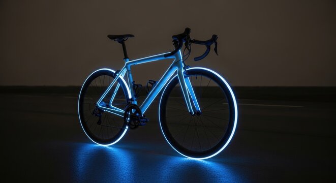 Modern road bicycle with glowing blue neon led lights frame and wheels at night bicycle day