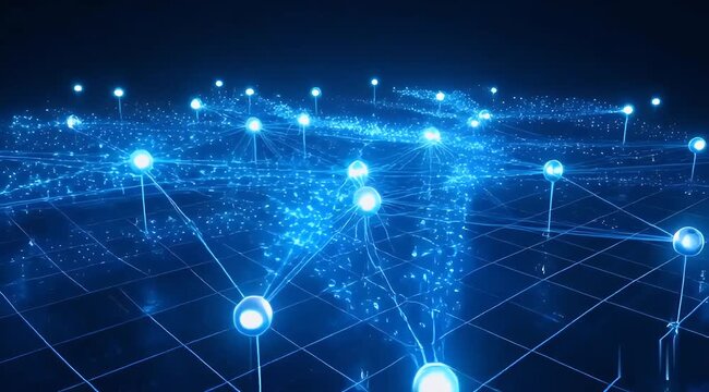 Abstract digital network of glowing blue nodes connected by light streams, 4K motion graphic