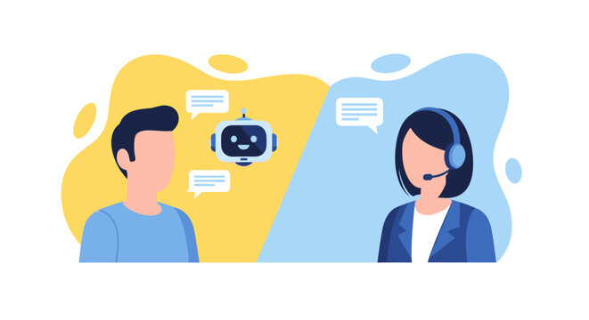 A male customer speaking to a virtual robot support assistant while a professional female agent wearing headphones listens on a divided yellow and light blue background.
