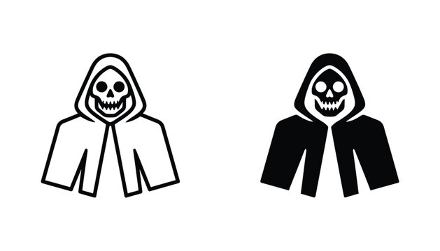 Grim reaper hooded skull icon in flat vector style for dark fantasy gaming and horror themed graphic design