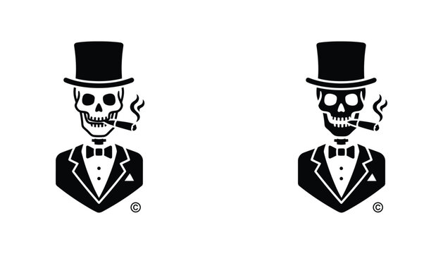 Sophisticated skeleton gentleman wearing a top hat and bowtie smoking a cigar in minimalist line art and solid black silhouette style for luxury or edgy branding