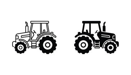 Obraz premium Modern tractor silhouette and outline icon set for agricultural machinery branding and farming industry graphic design assets