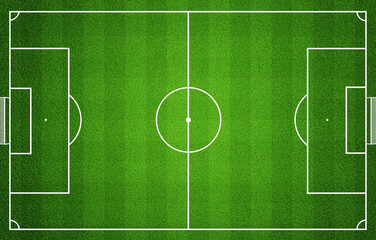 Fototapeta premium Top view soccer field background with detailed grass texture and white markings