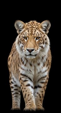 Majestic hybrid liger portrait showing intense golden eyes and beautiful patterned fur standing forward against a clean deep black isolated background