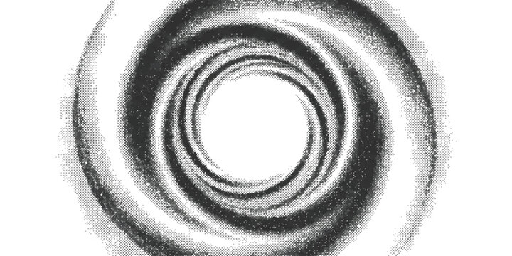 Abstract circular spiral shape with a dark gradient texture and a centered hole representing a vortex or tunnel effect