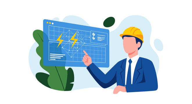 An industrial electrical engineer wearing a yellow safety hard hat points at a digital monitor displaying power grid diagrams and electrical energy symbols in blue.