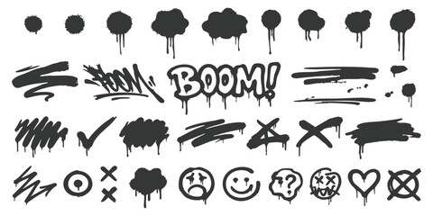 Set of black spray paint graffiti elements with drip effects and urban street art design symbols © GraphixEra
