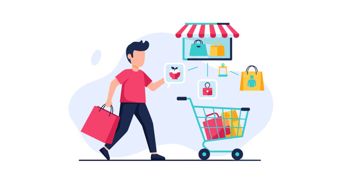 A customer carrying paper bags approaches a digital store display and a shopping cart full of merchandise in a clean, minimalist two-dimensional art style.