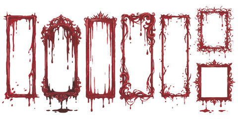 Set of gothic picture frames with red blood dripping effect for spooky halloween decorations and dark art designs © GraphixEra