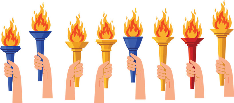 Raised hands holding burning torches with blazing flames in colorful symbolic cartoon vector illustration collection