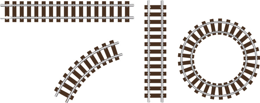 Railway tracks set straight curved and circular train rails vector illustration transportation infrastructure elements for construction design