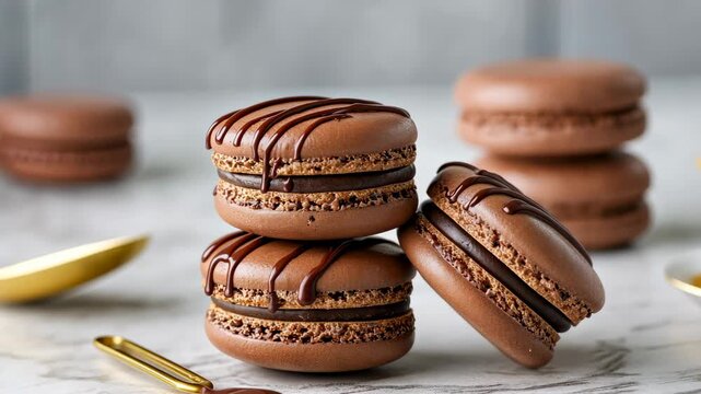 Chocolate macarons with drizzle arranged on marble background