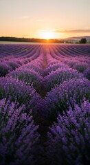 Obraz premium Lavender Field Sunset, Purple Tones, Minimalist Floral Farm, Nature Background