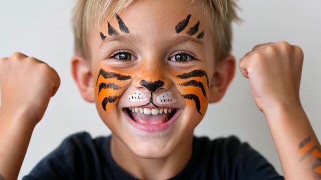 Energetic child with tiger face paint celebrates with joyful fist pump